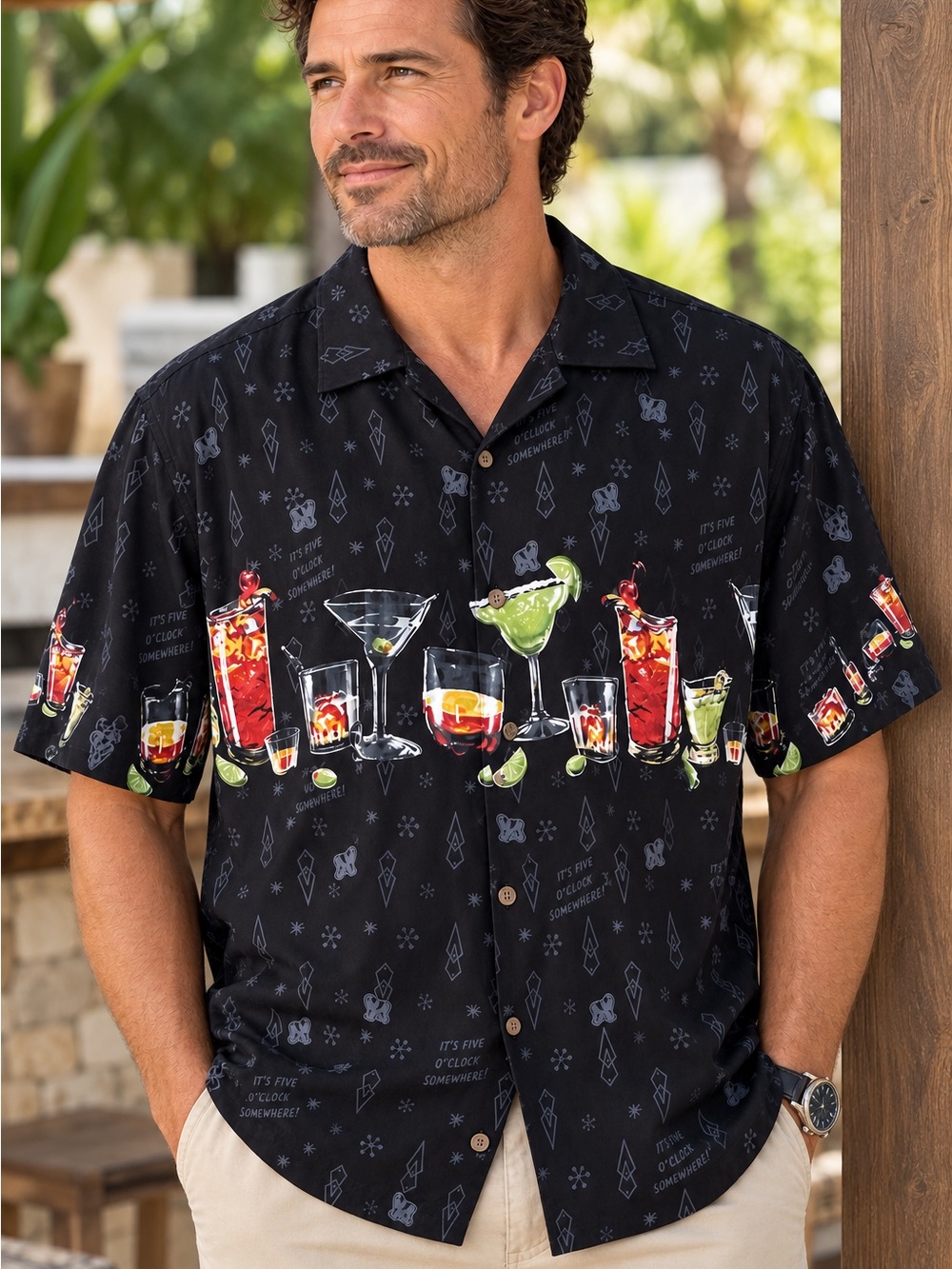 Big Dogs Black Tropical Cocktail Print Short-Sleeve Button-Down Shirt size XL